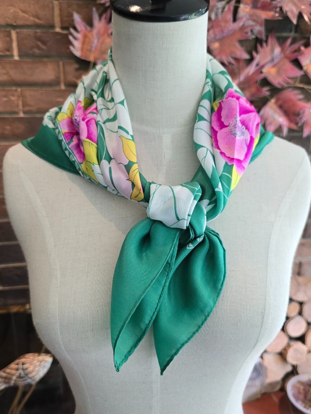 Foulards & Accessories SAA Inc. - Vintage Green Floral Silk Scarf, Made in Japan